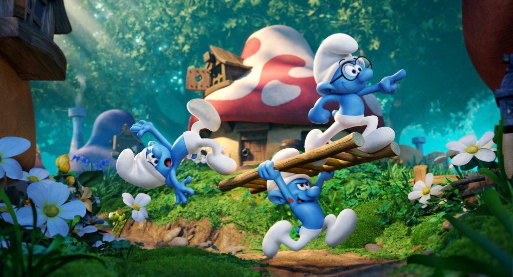 Clumsy (Jack McBrayer), Hefty (Joe Manganiello) and Brainy (Danny Pudi) in Columbia Pictures and Sony Pictures Animation's SMURFS: THE LOST VILLAGE.